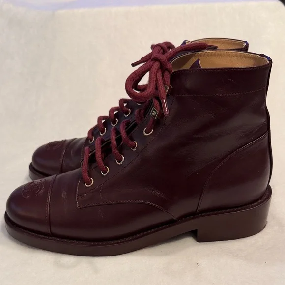 Chanel Burgundy Leather Women's Ankle Boots - Picture 4 of 16
